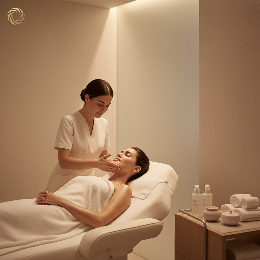 An elegant woman enjoying a professional facial treatment at LA18 Beauty & Wellness, showcasing radiant, healthy skin.
