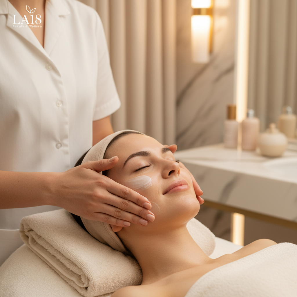 A woman receives a luxurious facial treatment at LA18 Beauty & Wellness, designed to achieve radiant, healthy skin.
