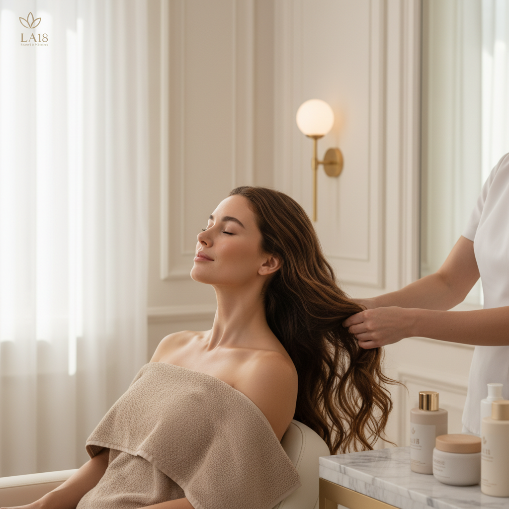 An elegant woman receiving a professional hair treatment at LA18 Beauty & Wellness in Bhubaneswar, showcasing healthy, lustrous hair.